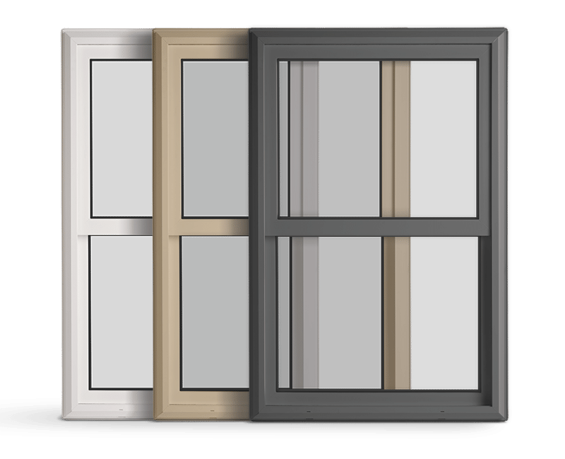 three double-hung windows in different colors